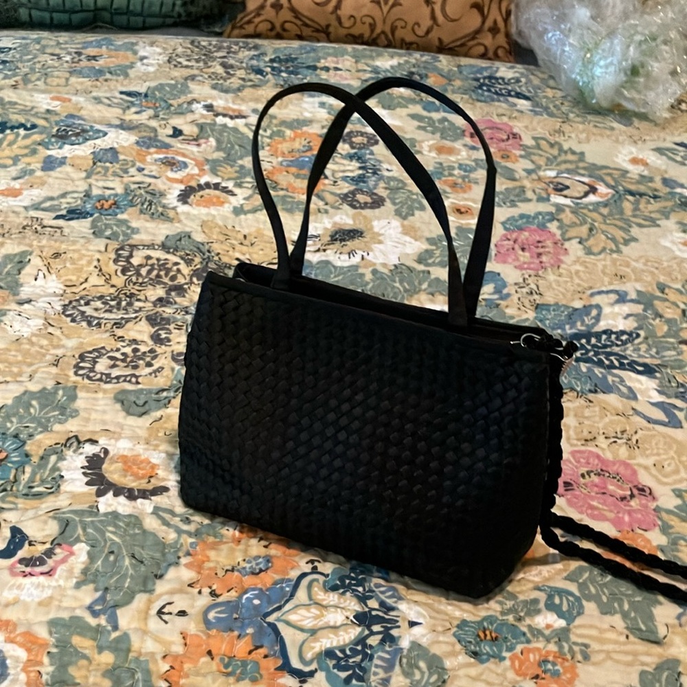 Black Textured Small Bag with Woven Design